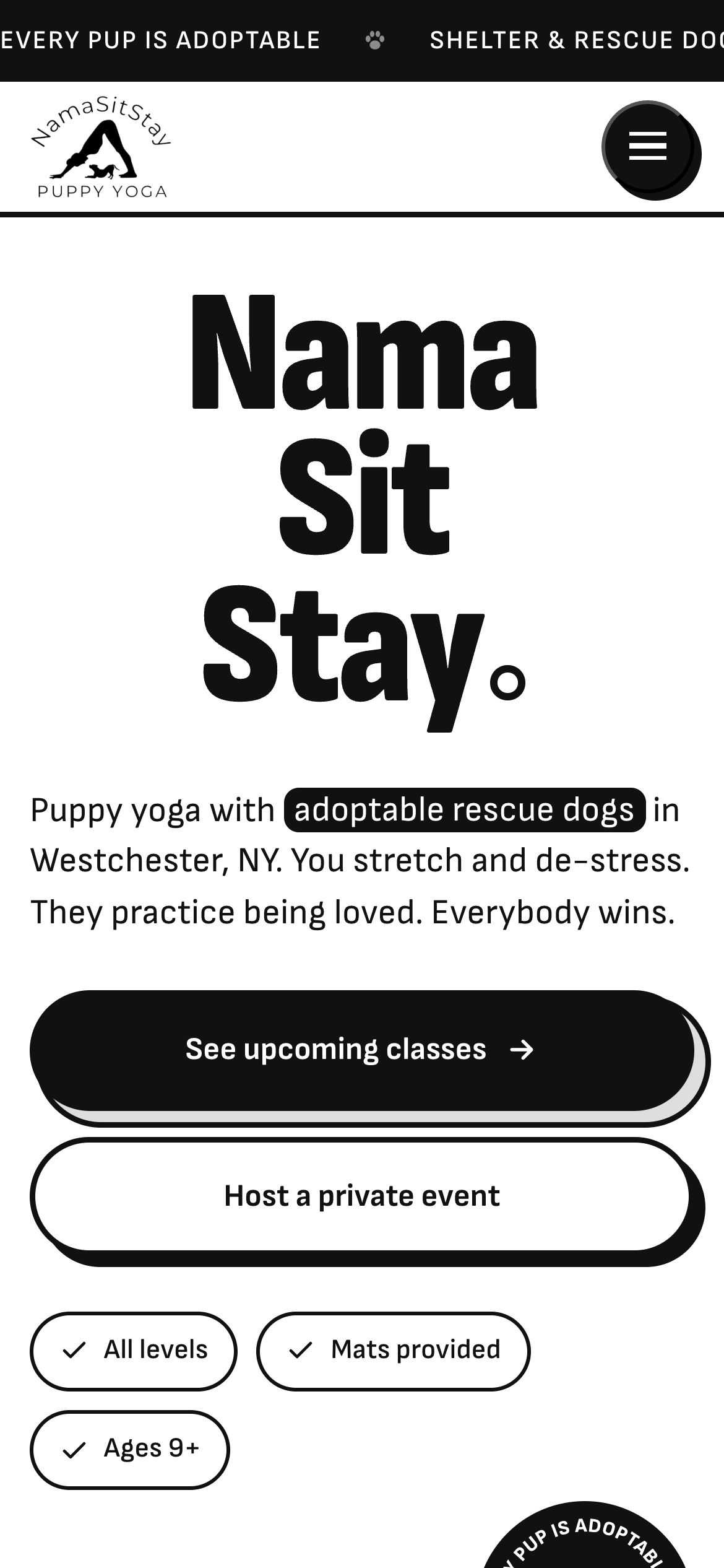 The NamaSitStay homepage on a phone