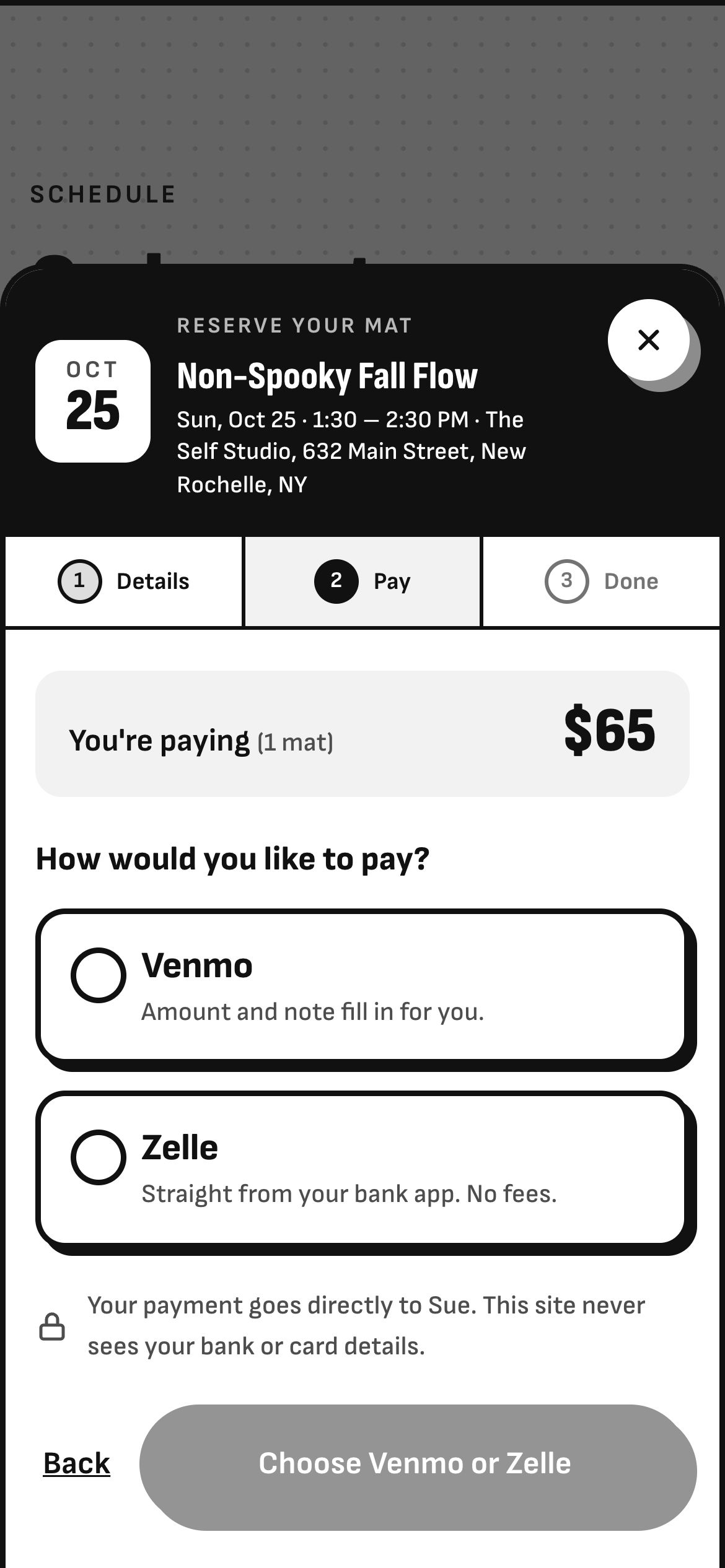 The payment step: Venmo or Zelle, with the total shown